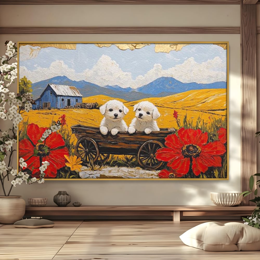 Tablou canvas cu tablou canvas cu catei in caruta si maci, in rama de aluminiu auriu